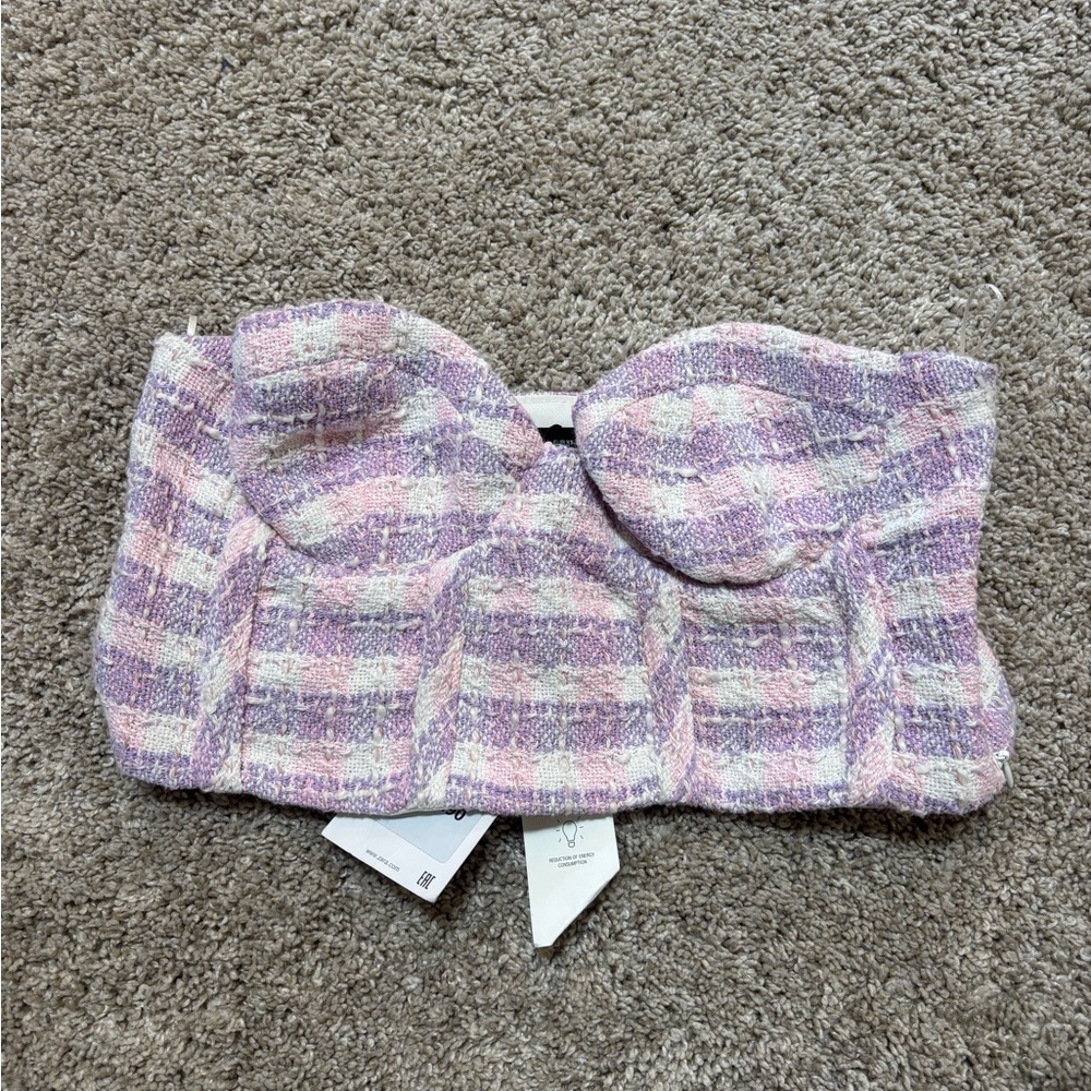 Zara Pink and Purple Plaid Strapless Top